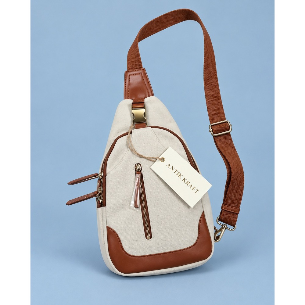 NWT Antik Kraft Samara Canvas Sling Bag Cream Brown Crossbody Vegan Leather